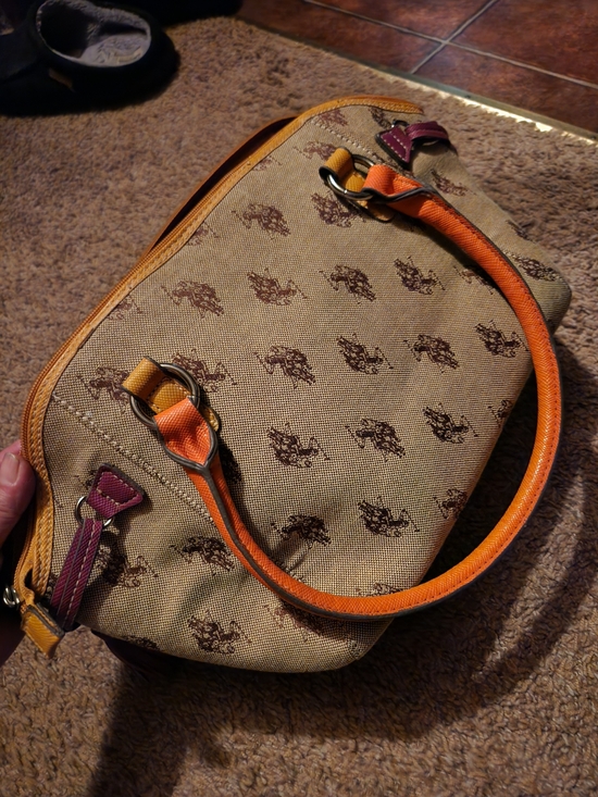 U.S. Polo Assn. Handbags - U.S. Polo Assn. Beige Canvas Satchel with Orange and Purple Accents